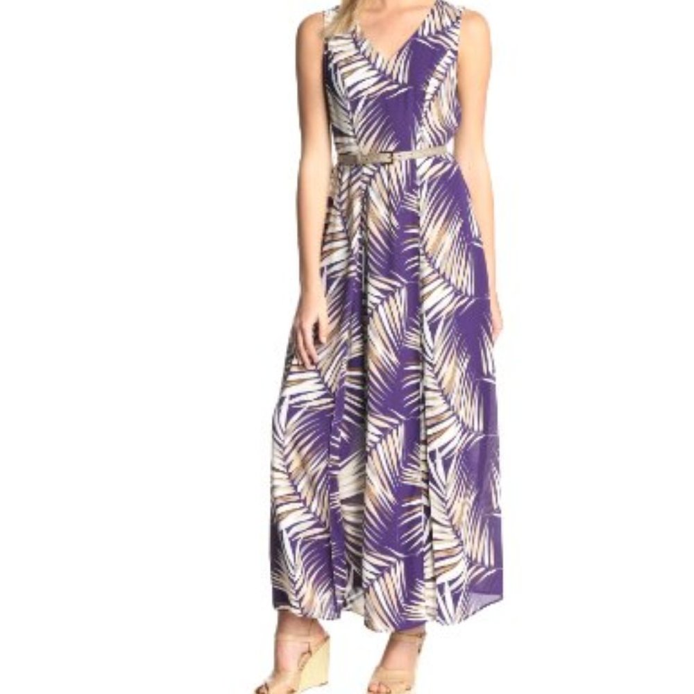 Anne Klein Tropical Purple and Cream Maxi Dress
